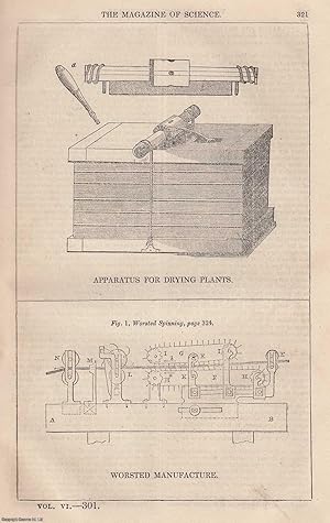 1845, Apparatus for Drying Plants, and Worsted Manufacture. A full page engraving featured in a c...