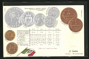 Präge-Ansichtskarte Italien, Münz-Geld, Währungstabelle, Nationalflagge