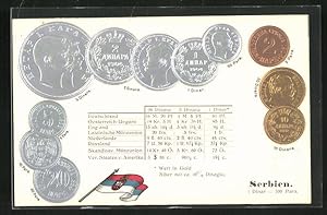 Präge-Ansichtskarte Serbien, Münz-Geld, Währungstabelle, Nationalflagge