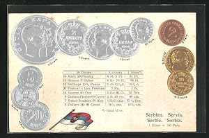 Präge-Ansichtskarte Serbien, Münz-Geld, Wechselkurstabelle, Nationalflagge
