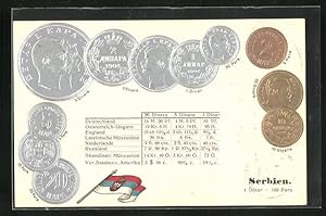 Präge-Ansichtskarte Serbien, Münz-Geld, Währungstabelle, Nationalflagge