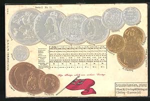 Präge-Ansichtskarte Grossbritannien und Irland, Münz-Geld, Währungstabelle, Nationalflagge
