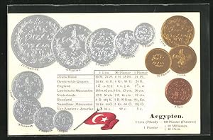 Präge-Ansichtskarte Ägypten, Geldmünzen, Wechselkurstabelle, Nationalflagge