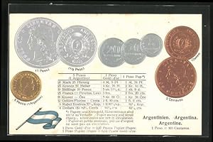 Präge-Ansichtskarte Argentinien, Münz-Geld, Wechselkurstabelle, Nationalflagge