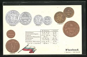 Präge-Ansichtskarte Finnland, Geldmünzen, Wechselkurstabelle, Nationalflagge