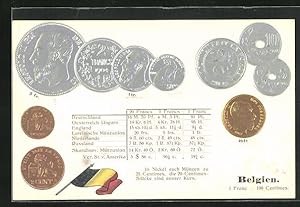 Präge-Ansichtskarte Belgien, Geldmünzen, Wechselkurstabelle, Nationalflagge