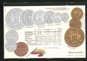 Präge-Ansichtskarte Venezuela, Münz-Geld, Währungstabelle, Nationalflagge