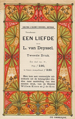 Jugendstil-prospectus: 'Verschenen: Een liefde door L. van Deyssel - Tweede druk.'