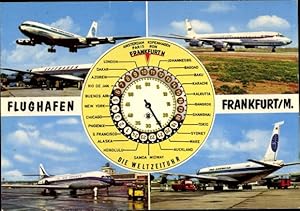 Ansichtskarte / Postkarte Frankfurt am Main, Flughafen, Weltzeituhr, Passagierflugzeuge