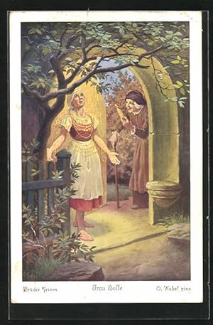 Bild des Verkufers fr Knstler-Ansichtskarte Otto Kubel: Brder Grimm, Frau Holle, im Goldregen, bergabe der Spindel zum Verkauf von Bartko-Reher