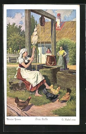 Bild des Verkufers fr Knstler-Ansichtskarte Otto Kubel: Brder Grimm, Frau Holle, Spinnen am Brunnen zum Verkauf von Bartko-Reher