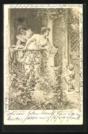Bild des Verkufers fr Knstler-Ansichtskarte Hans Zatzka: Postillen d`Amour, Frauen auf dem Balkon, Amor an der Trglocke zum Verkauf von Bartko-Reher