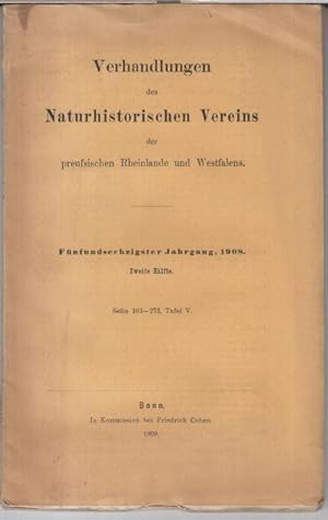 Image du vendeur pour 65. Jahrgang 1908, zweite Hlfte. - Verhandlungen des Naturhistorischen Vereins der preuischen Rheinlande und Westfalens. - Inhalt: Jos. Fenten - Untersuchungen ber Diluvium am Niederrhein / Max Semper: Die marinen Schichten im Aachener Oberkarbon / O. le Roi und H. Freiherr Geyr von Schweppenburg: Vorlufiges Verzeichnis der Sugetiere des mittleren Westdeutschlands / Aug. Thienemann: Die Metamorphosen der Chironomiden ( Zuckmcken ). mis en vente par Antiquariat Carl Wegner