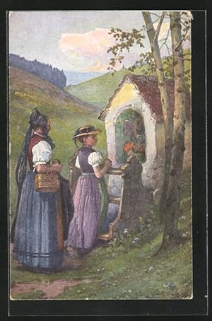 Bild des Verkufers fr Knstler-Ansichtskarte Fritz Reiss: Schwarzwlder Leben, Mutter und Tochter in Trachten am Gedenkstein zum Verkauf von Bartko-Reher