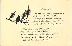 Vogel im Zweig. Scherenschnitt. Mit eigenhändig geschriebenem Gedicht.