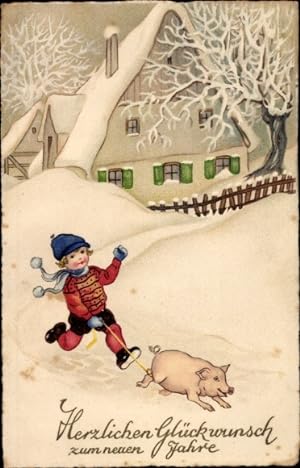 Ansichtskarte / Postkarte Glückwunsch Neujahr, Kind mit Schwein an der Leine