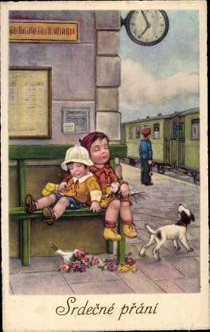 Seller image for Ansichtskarte / Postkarte Glckwunsch Geburtstag, Srdecne prani, Kinder mit Blumen schlafen am Bahnhof, Hund for sale by akpool GmbH