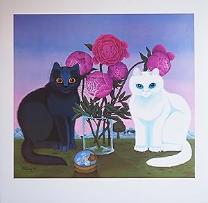 Philipp und Minz mit Bauernrosen. Katzenmalerei. Farboffsetdruck.