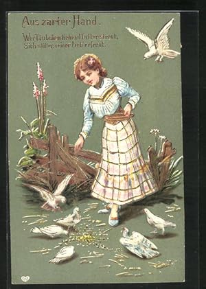 Bild des Verkufers fr Prge-Ansichtskarte Aus zarter Hand, Frulein fttert die Tauben zum Verkauf von Bartko-Reher