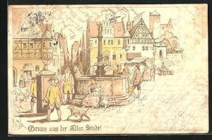 Seller image for Knstler-Ansichtskarte Dresden, Ausstellung, Leute am Brunnen, Gruss aus der alten Stadt for sale by Bartko-Reher