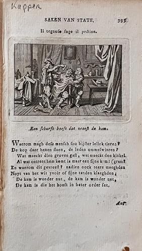 [Individual emblem from a book] Saken van State: hairdresser, kapper: een schurft hooft dat vrees...