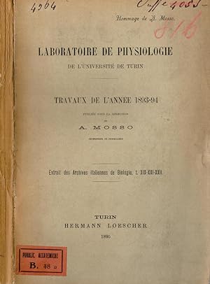 Bild des Verkufers fr Laboratoire de Physiologie de l'Universit de Turin Travaux de l'anne 1893-1894 zum Verkauf von Biblioteca di Babele