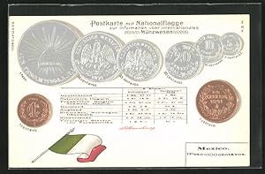 Präge-Ansichtskarte Mexiko, Münzen, Flagge, Werttabelle Pesos