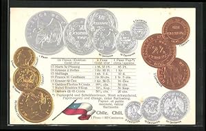 Präge-Ansichtskarte Chile, Währung und Fahne, Werttabelle Pesos