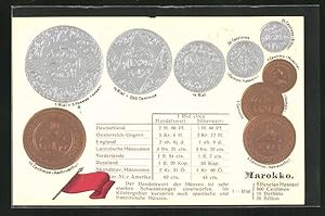 Präge-Ansichtskarte Marokko, Münzen, Flagge, Werttabelle Rial