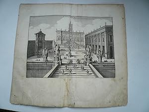 Bild des Verkufers fr CAPITOLIUM, anno 1648, copperengraving, by Merian M. Verlag: J.L. Gottfried's Archontologica Cosmica. 1648 An attractive view of Capitolium in Rome by the famed Swiss engraver, Matthew Merian. This very detailed and beautifully designed view shows the stepsl leading up to the Capitolium, the famous statue of Marcus Aurelius, and the palazzio behind. Citizens wandering around the steps give an idea of the scale of the buildings and statues. Copper engraving. Uncoloured. Size: 27 x 20 cm. Very big restored tear, little brownish zum Verkauf von Hammelburger Antiquariat