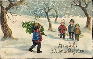 Ansichtskarte / Postkarte Frohe Weihnachten, Junge mit Tannenbaum, Kinder, Winterlandschaft