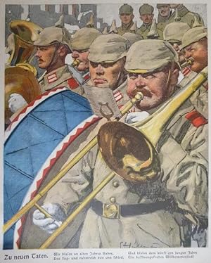 farbiger Kunstdruck - Zu neuen Taten Militärmusik Marsch (Titelblatt Lustige Blätter)