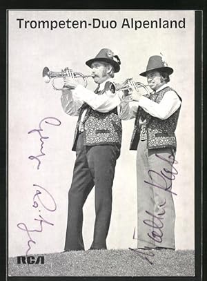 Bild des Verkufers fr Ansichtskarte Musiker des Trompeten-Duos Alpenland, Autograph zum Verkauf von Bartko-Reher