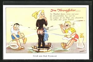 Bild des Verkufers fr Ansichtskarte Bad Pyrmont, Frau im Kreuzfeuer von Wasserstrahlen, Badekultur zum Verkauf von Bartko-Reher