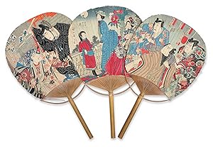 [Three ukiyo-e woodblock-printed paper fans depicting kabuki actors and one with three ladies in ...