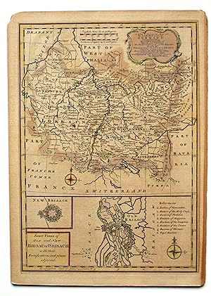 Bild des Verkufers fr A New and Accurate Map of the South West part of Germany. Comprehending the Archbishopricks of Mentz and Treves; the Electoral Palat: of the Rhine; Duchy of Wirtemberg; Franconia, Swabia, Alsace, Lorrain & c. zum Verkauf von Versandantiquariat Hsl