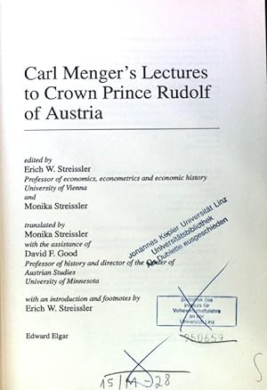 Bild des Verkufers fr Carl Menger's Lectures to Crown Prince Rudolf of Austria; zum Verkauf von books4less (Versandantiquariat Petra Gros GmbH & Co. KG)