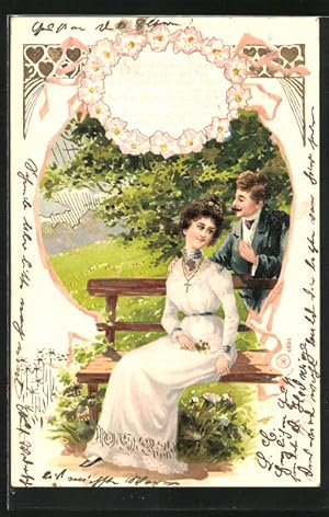 Bild des Verkufers fr Knstler-Ansichtskarte Elegante Dame sitzt auf der Bank, Liebhaber beugt sich von hinten zu ihr zum Verkauf von Bartko-Reher