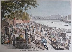 kolorierter Holzstich - Das Schanzl-Ufer und die Obstflottille des Donauarmes in Wien.