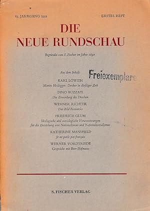 Bild des Verkufers fr Neue Rundschau. 63. Jahrgang 1952, 1. Heft. zum Verkauf von Fundus-Online GbR Borkert Schwarz Zerfa