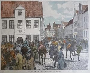 kolorierter Holzstich - Ein Pferdemarkt in Mecklenburg.