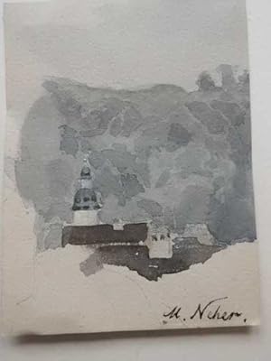 Kirche in Gebirgslandschaft. Kleine Aquarellskizze in Braun- und Grautönen über Bleistift auf Pap...