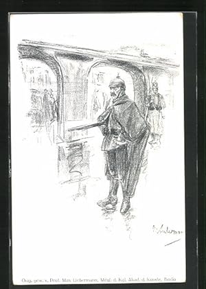 Bild des Verkufers fr Knstler-Ansichtskarte Max Liebermann: Soldat mit Gewehr in der Stadt, Verein fr Kindervolkskchen zum Verkauf von Bartko-Reher