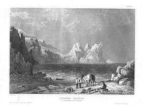 VIEW OF TRERYN CASTLE ON THE COAST OF CORNWALL, 1850s Steel Engraved Antique Print