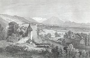 VIEW OF THUN on the THUN RIVER IN SWITZERLAND, 1850s Steel Engraved Antique Print