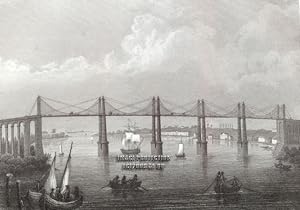DIE KETTENBRUKE UBER DIE DORDOGNE,THE CHAIN BRIDGE OVER THE DORDOGNE IN FRANCE, 1850s Steel Engra...