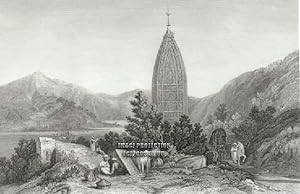 MAHADEO TEMPLE IN INDIA, 1850s Steel Engraved Antique Print