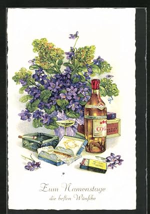 Künstler-Ansichtskarte Kuriosa, Stillleben, Streichhölzer mit Blumen und Cognac