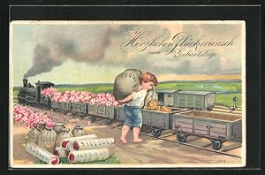 Präge-Lithographie Geld, Junge schüttet Münzen in einen Eisenbahnwagon