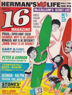 SIXTEEN 16 MAGAZINE - AUGUST 1965 - STONES / BEATLES / GARY & PLAYBOYS